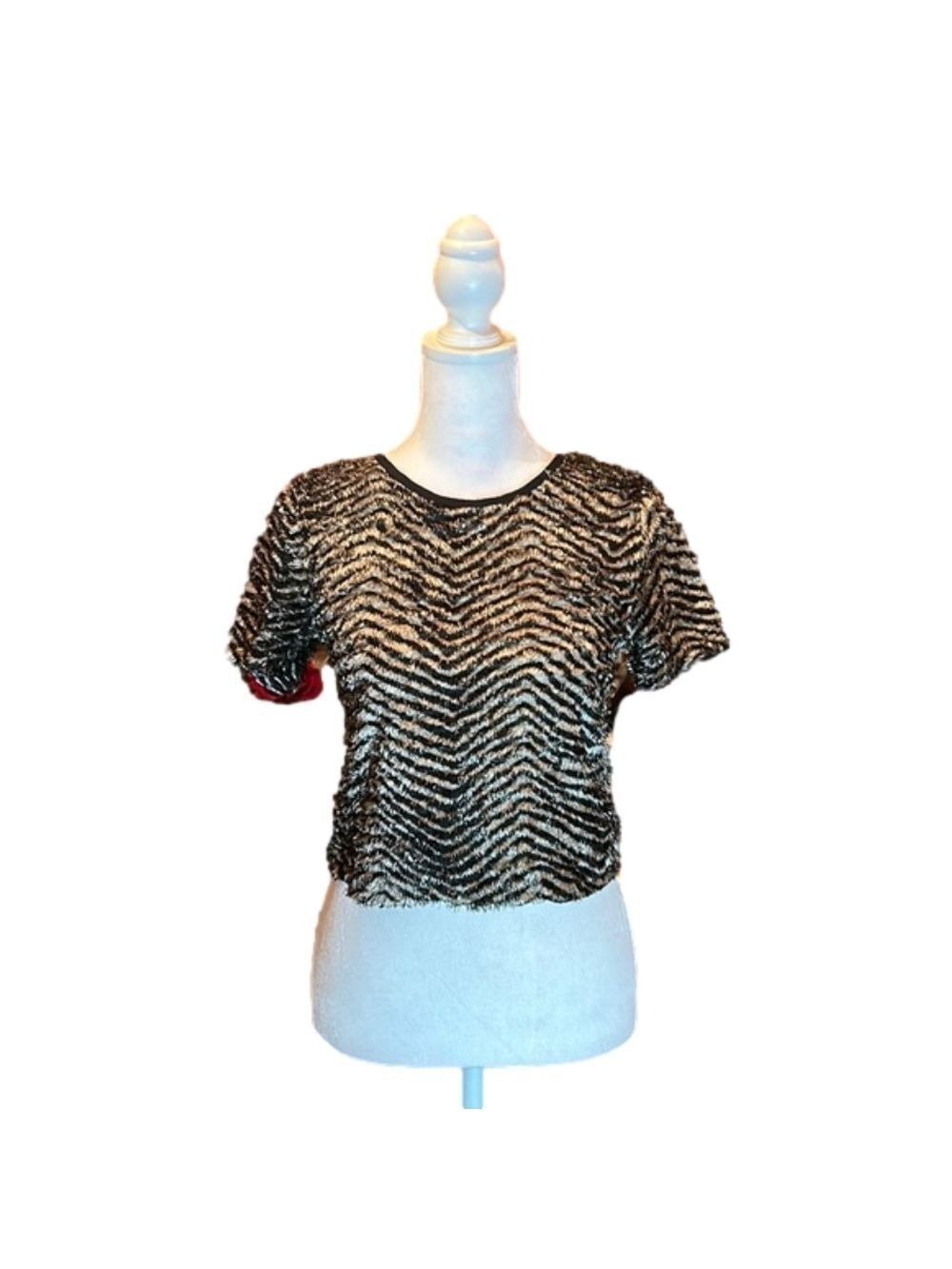 TOPSHOP Sexy Black & Tan Animal Print Fuzzy/Furry Crop Top Size 2